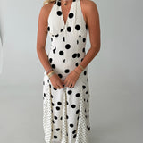 Courtney Mixed Polka Dot Halter Maxi Dress - Off White/Black