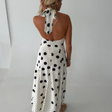 Courtney Mixed Polka Dot Halter Maxi Dress - Off White/Black