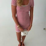 Ruth Scoop Neck Mini Dress - White/Red Stripes