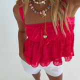Shelbi Ruffle Lace Came Top - Tomato