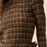 Plaid Long-Sleeve Smocked Drop-Waist Midi Dress -  Chocolate