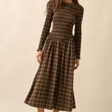 Plaid Long-Sleeve Smocked Drop-Waist Midi Dress -  Chocolate