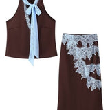 Lacey Lace Trim Tie Top And Skirt Set - Brown/Blue