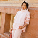 Fancy Oversized Fleece Embroidered Rolled Neck Mockneck - Pearl Pink