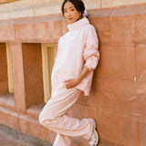 Fancy Oversized Fleece Embroidered Rolled Neck Mockneck - Pearl Pink