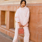 Fancy Oversized Fleece Embroidered Rolled Neck Mockneck - Pearl Pink