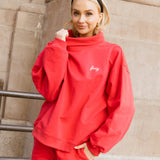 Fancy Oversized Fleece Embroidered Rolled Neck Mockneck- Ruby Red