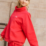 Fancy Oversized Fleece Embroidered Rolled Neck Mockneck- Ruby Red