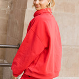 Fancy Oversized Fleece Embroidered Rolled Neck Mockneck- Ruby Red