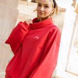 Fancy Oversized Fleece Embroidered Rolled Neck Mockneck- Ruby Red