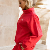 Fancy Oversized Fleece Embroidered Rolled Neck Mockneck- Ruby Red