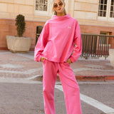 Fancy Oversized Fleece Embroidered Rolled Neck Mockneck - Fuchsia Pink