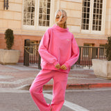 Fancy Oversized Fleece Embroidered Rolled Neck Mockneck - Fuchsia Pink
