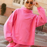Fancy Oversized Fleece Embroidered Rolled Neck Mockneck - Fuchsia Pink