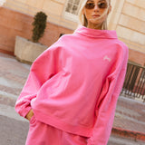 Fancy Oversized Fleece Embroidered Rolled Neck Mockneck - Fuchsia Pink