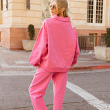 Fancy Oversized Fleece Embroidered Rolled Neck Mockneck - Fuchsia Pink