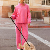 Fancy Oversized Fleece Embroidered Rolled Neck Mockneck - Fuchsia Pink