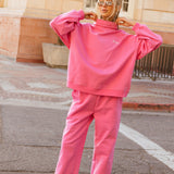 Fancy Oversized Fleece Embroidered Rolled Neck Mockneck - Fuchsia Pink