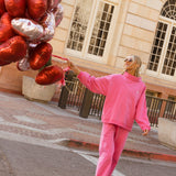 Fancy Oversized Fleece Embroidered Rolled Neck Mockneck - Fuchsia Pink
