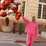 Fancy Oversized Fleece Embroidered Rolled Neck Mockneck - Fuchsia Pink