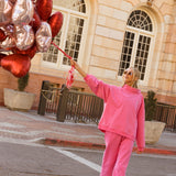Fancy Oversized Fleece Embroidered Rolled Neck Mockneck - Fuchsia Pink