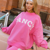 Fancy Oversized Fleece Heart Letters Mockneck - Fuchsia Pink