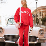 Fancy Fleece Heartline Cuffed Leg Sweatpants –  Ruby Red