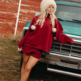 Fancy Oversized Fleece Embroidered Rolled Neck - Rich Burgundy