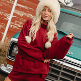 Fancy Oversized Fleece Embroidered Rolled Neck - Rich Burgundy