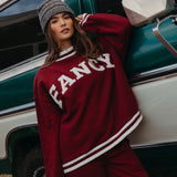 Fancy Oversized Fleece Varsity Mockneck - Rich Burgundy