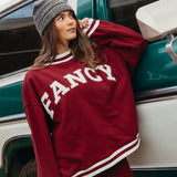Fancy Oversized Fleece Varsity Mockneck - Rich Burgundy