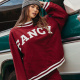 Fancy Oversized Fleece Varsity Mockneck - Rich Burgundy