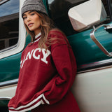 Fancy Oversized Fleece Varsity Mockneck - Rich Burgundy
