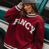 Fancy Oversized Fleece Varsity Mockneck - Rich Burgundy