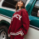 Fancy Oversized Fleece Varsity Mockneck - Rich Burgundy