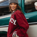 Fancy Oversized Fleece Varsity Mockneck - Rich Burgundy