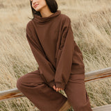 Fancy Oversized Fleece Embroidered Rolled Neck - Desert Sand Brown